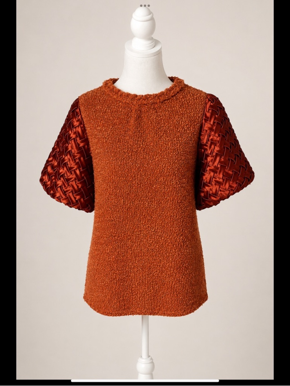 VOY Boutique Bouclé Sweater | Woven Satin Puff Sleeves Copper Rust Size Small